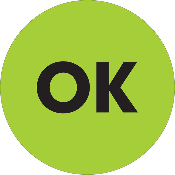 1" Circle - "OK" Fluorescent Green Labels 500/Roll