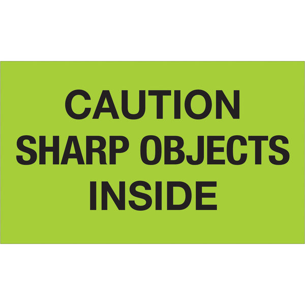 3 x 5" - "Caution Sharp Objects Inside" (Fluorescent Green) Labels 500/Roll