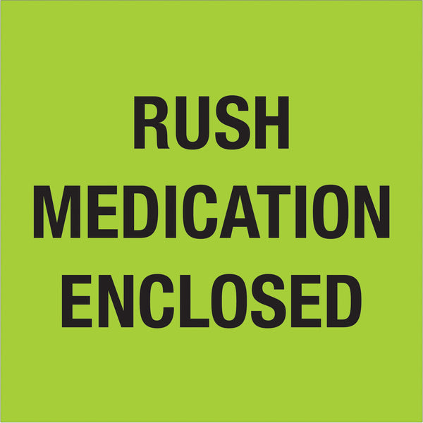 4 x 4" - "Rush - Medication Enclosed" (Fluorescent Green) Labels 500/Roll