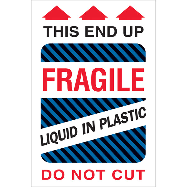 4 x 6" - "Fragile - Liquid in Plastic" Labels 500/Roll