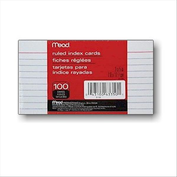 Mead 63350 Index Cards 3"x5" White Ruled, 100 cards/retail pack, 12 retail packs/case