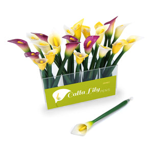 Calla Lily Ballpoint Pen Display (includes acrylic display holder) Black Ink, White/Yellow/Purple, 24 pens/display