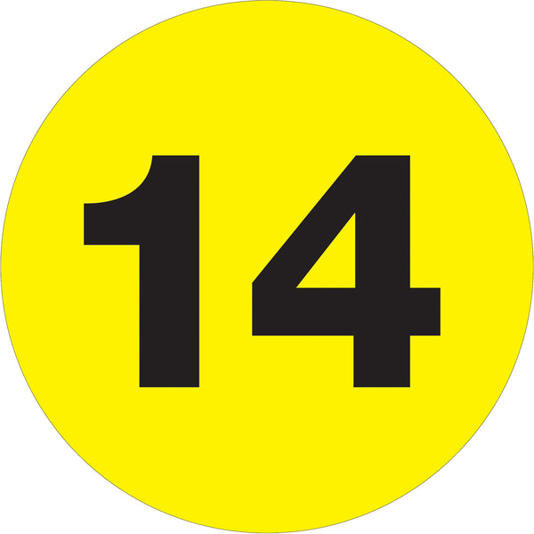 1" Circle - "14" (Fluorescent Yellow) Number Labels 500/Roll