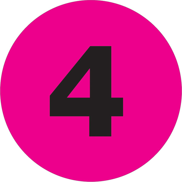 1" Circle - "4" (Fluorescent Pink) Number Labels 500/Roll