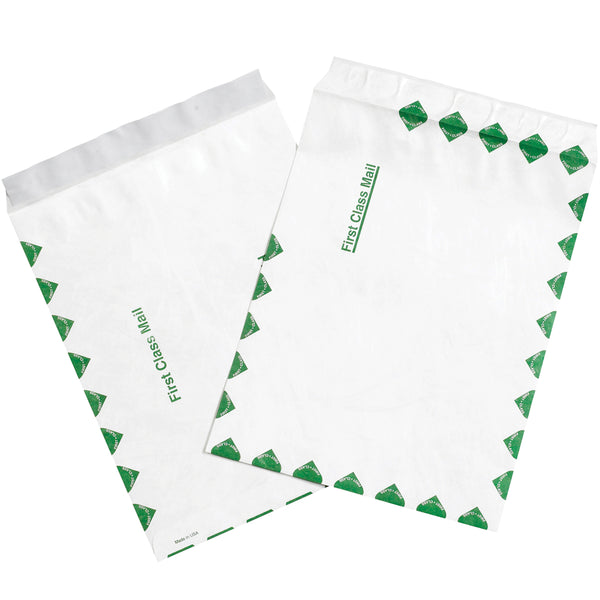 10 x 13 White Flat Tyvek Envelopes Printed First Class w/ Green Border 100/Case