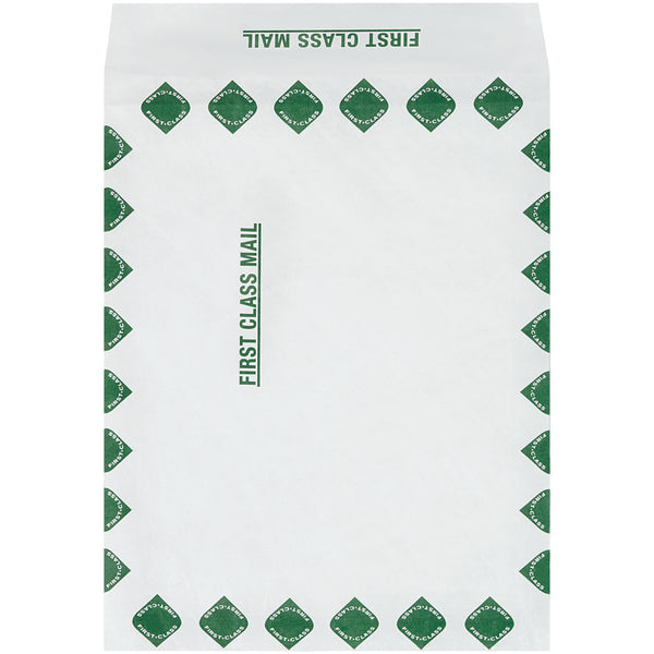 10 x 13 x 1 1/2 Expandable White Tyvek Envelopes Printed First Class w/ Green Border 100/Case