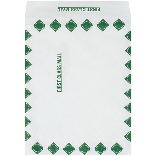 10 x 13 x 1 1/2 Expandable White Tyvek Envelopes Printed First Class w/ Green Border 100/Case