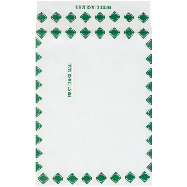 12 x 16 x 2 Expandable White Tyvek Envelopes Printed First Class w/ Green Border 100/Case