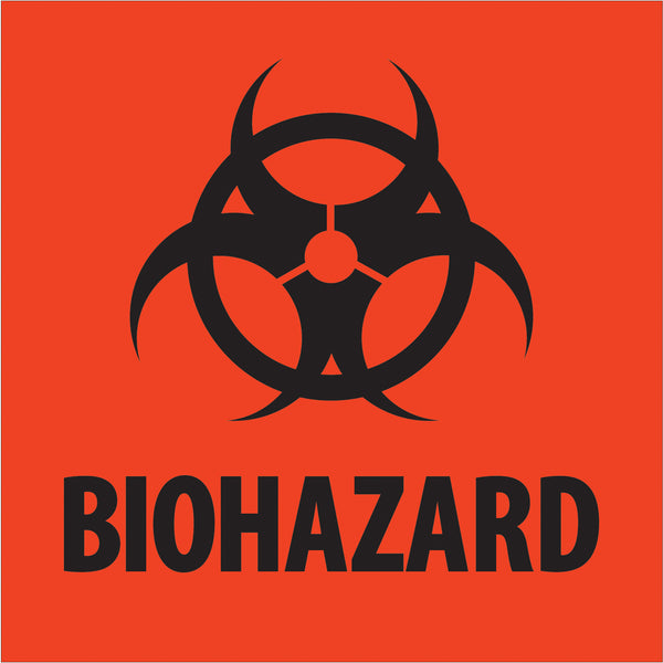 2 x 2" - "Biohazard" Fluorescent Red Labels 500/Roll