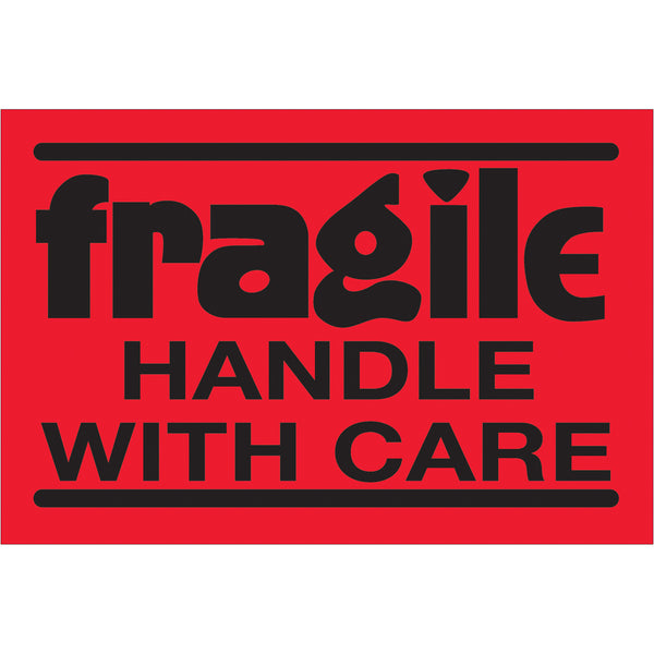 2 x 3" - "Fragile - Handle With Care" (Fluorescent Red) Labels 500/Roll