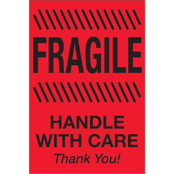 2 x 3" - "Fragile - Handle With Care" (Fluorescent Red) Labels 500/Roll
