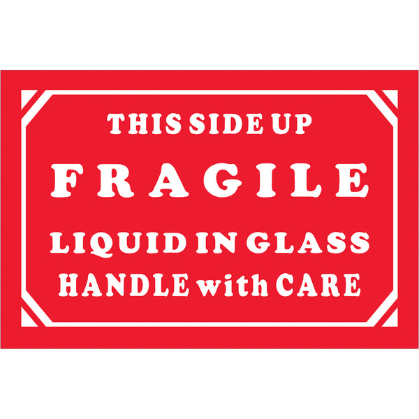 2 x 3" - "Fragile - Liquid In Glass - Handle With Care" Labels 500/Roll