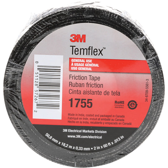 3/4" x 60 Feet Black 3M 1755 Cotton Friction Tape