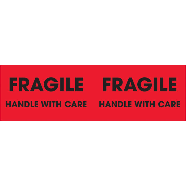 3 x 10" - "Fragile - Handle With Care" (Fluorescent Red) Labels 500/Roll