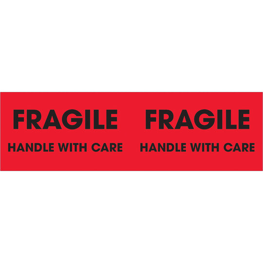3 x 10" - "Fragile - Handle With Care" (Fluorescent Red) Labels 500/Roll