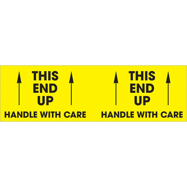 3 x 10" - "This End Up - Handle With Care" (Fluorescent Yellow) Labels 500/Roll