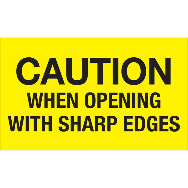 3 x 5" - "Caution When Opening With Sharp Edges" (Fluorescent Yellow) Labels 500/Roll