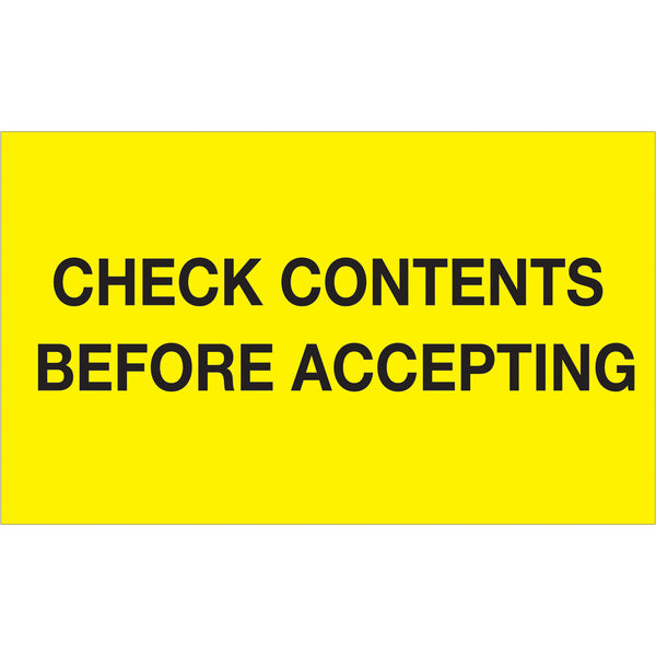 3 x 5" - "Check Contents Before Accepting" (Fluorescent Yellow) Labels 500/Roll