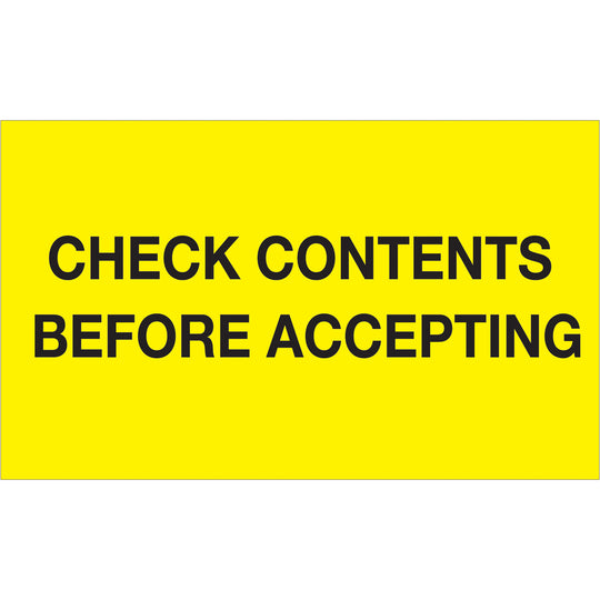 3 x 5" - "Check Contents Before Accepting" (Fluorescent Yellow) Labels 500/Roll