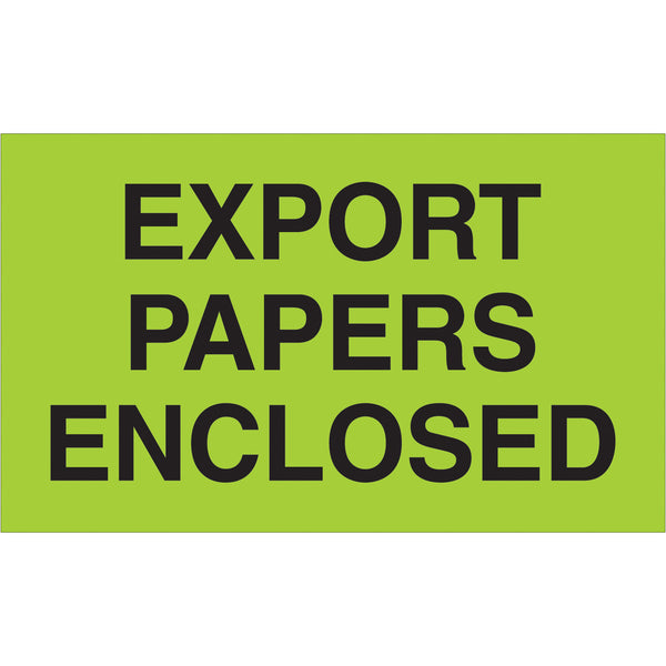 3 x 5" - "Export Papers Enclosed" (Fluorescent Green) Labels 500/Roll