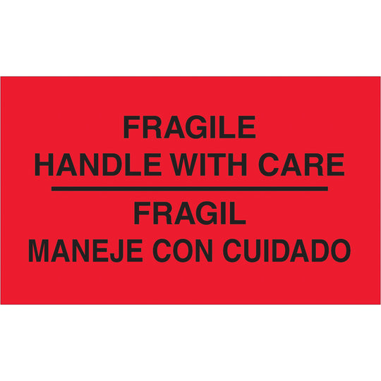 3 x 5" - "Fragil - Maneje Con Cuidado" (Fluorescent Red) Bilingual Labels 500/Roll