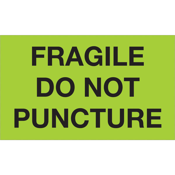 3 x 5" - "Fragile - Do Not Puncture" (Fluorescent Green) Labels 500/Roll