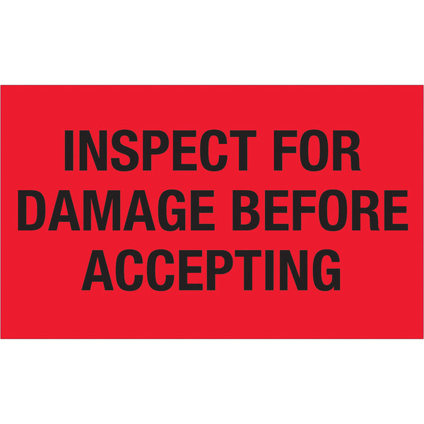 3 x 5" - "Inspect For Damage Before Accepting" (Fluorescent Red) Labels 500/Roll