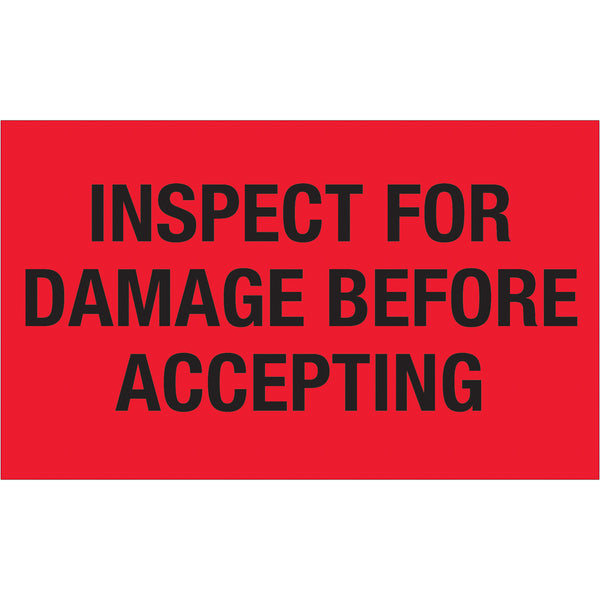 3 x 5" - "Inspect For Damage Before Accepting" (Fluorescent Red) Labels 500/Roll