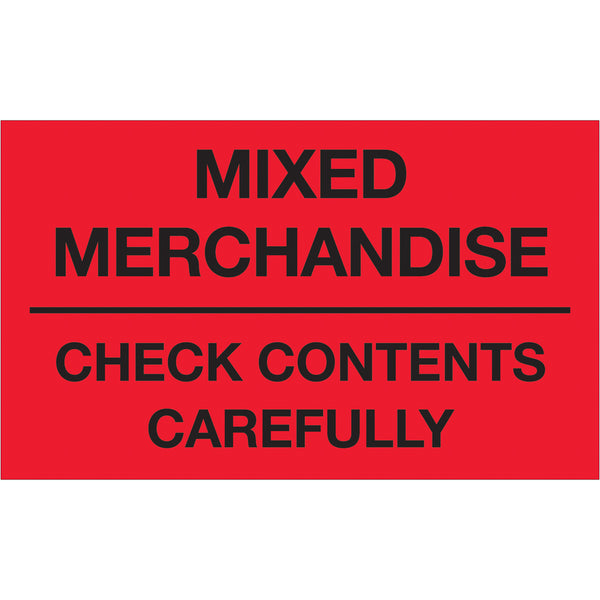 3 x 5" - "Mixed Merchandise - Check Contents Carefully" (Fluorescent Red) Labels 500/Roll