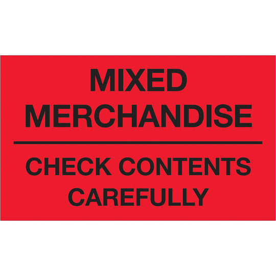 3 x 5" - "Mixed Merchandise - Check Contents Carefully" (Fluorescent Red) Labels 500/Roll