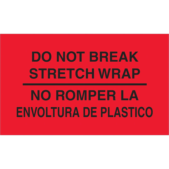 3 x 5" - "No Romper La Envoltura De Plastico" (Fluorescent Red) Bilingual Labels 500/Roll
