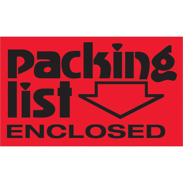 3 x 5" - "Packing List Enclosed" (Fluorescent Red) Labels 500/Roll
