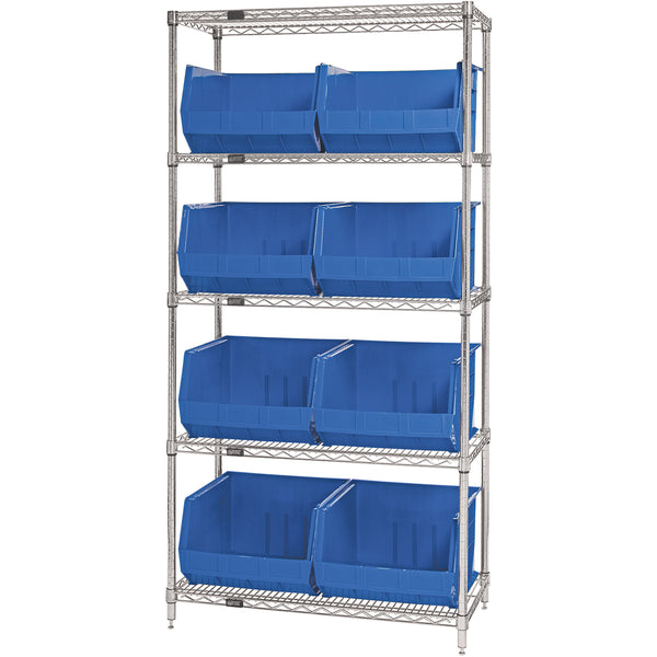 36 x 18 x 74 - 5 Shelf Wire Shelving Unit with (8) Blue Bins