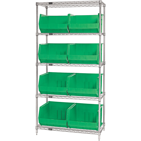 36 x 18 x 74 - 5 Shelf Wire Shelving Unit with (8) Green Bins