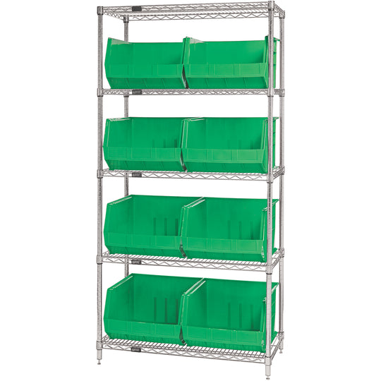 36 x 18 x 74 - 5 Shelf Wire Shelving Unit with (8) Green Bins