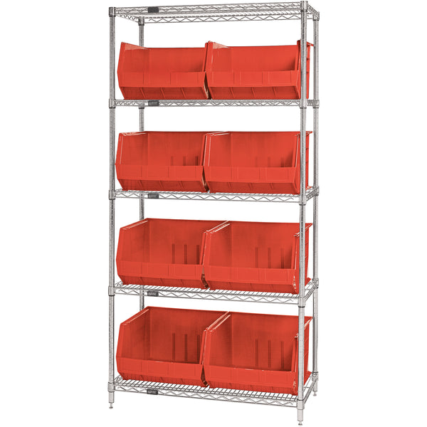 36 x 18 x 74 - 5 Shelf Wire Shelving Unit with (8) Red Bins