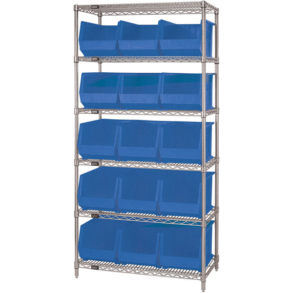 36 x 18 x 74 - 6 Shelf Wire Shelving Unit with (15) Blue Bins