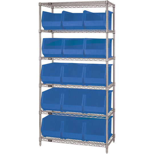 36 x 18 x 74 - 6 Shelf Wire Shelving Unit with (15) Blue Bins