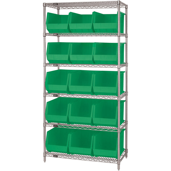 36 x 18 x 74 - 6 Shelf Wire Shelving Unit with (15) Green Bins