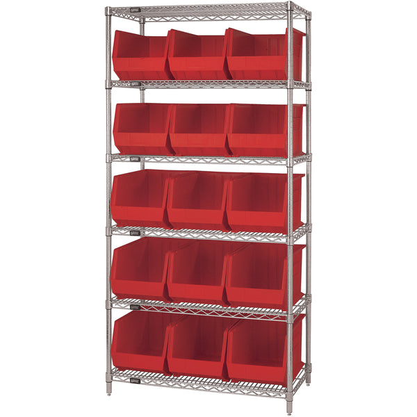 36 x 18 x 74 - 6 Shelf Wire Shelving Unit with (15) Red Bins