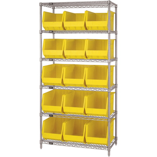 36 x 18 x 74 - 6 Shelf Wire Shelving Unit with (15) Yellow Bins