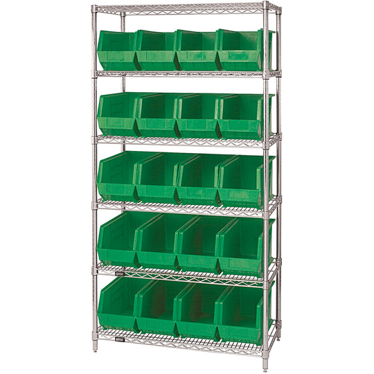 36 x 18 x 74 - 6 Shelf Wire Shelving Unit with (20) Green Bins