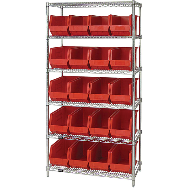 36 x 18 x 74 - 6 Shelf Wire Shelving Unit with (20) Red Bins