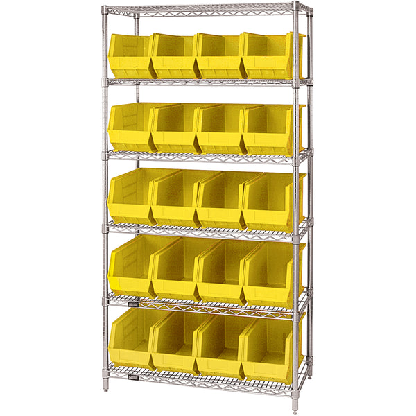 36 x 18 x 74 - 6 Shelf Wire Shelving Unit with (20) Yellow Bins