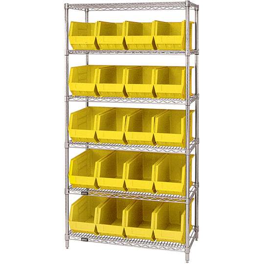 36 x 18 x 74 - 6 Shelf Wire Shelving Unit with (20) Yellow Bins