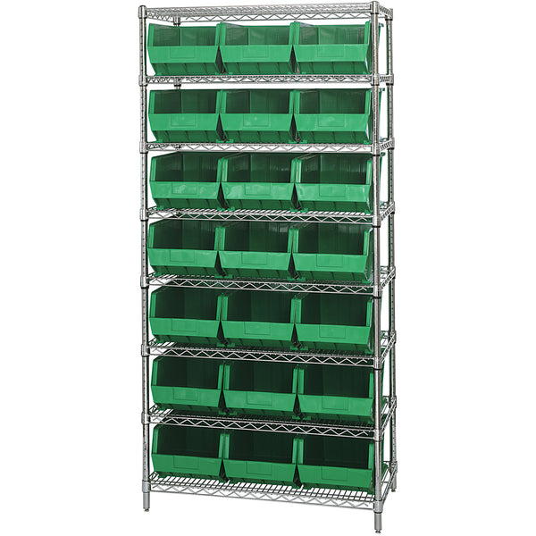 36 x 18 x 74 - 8 Shelf Wire Shelving Unit with (21) Green Bins