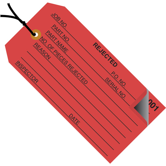 4 3/4 x 2 3/8 - "Rejected" Inspection Tags 2 Part - Numbered 000 - 499 - Pre-Strung 500/Case