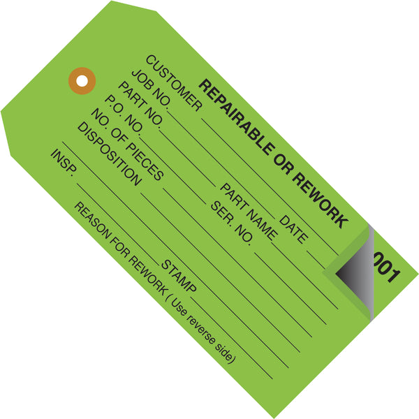 4 3/4 x 2 3/8 - "Repairable or Rework" Inspection Tags 2 Part - Numbered 000 - 499 500/Case