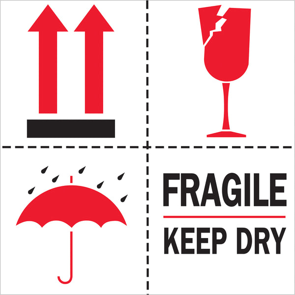 4 x 4" - "Fragile - Keep Dry" Labels 500/Roll