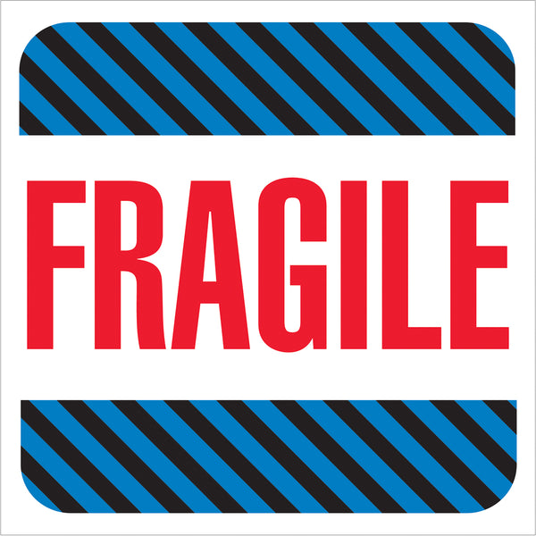 Fragile (blue & black stripes) Labels (4 x 4) 500/Roll
